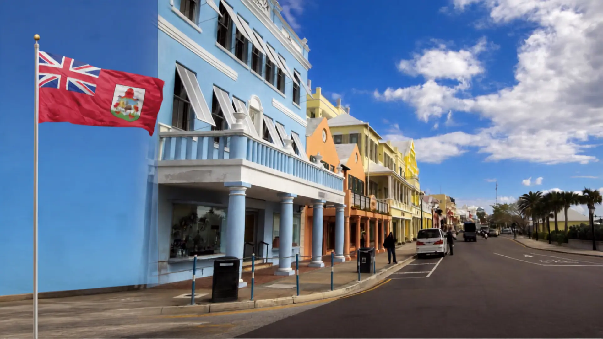 Colorful Bermuda street with the Bermuda flag