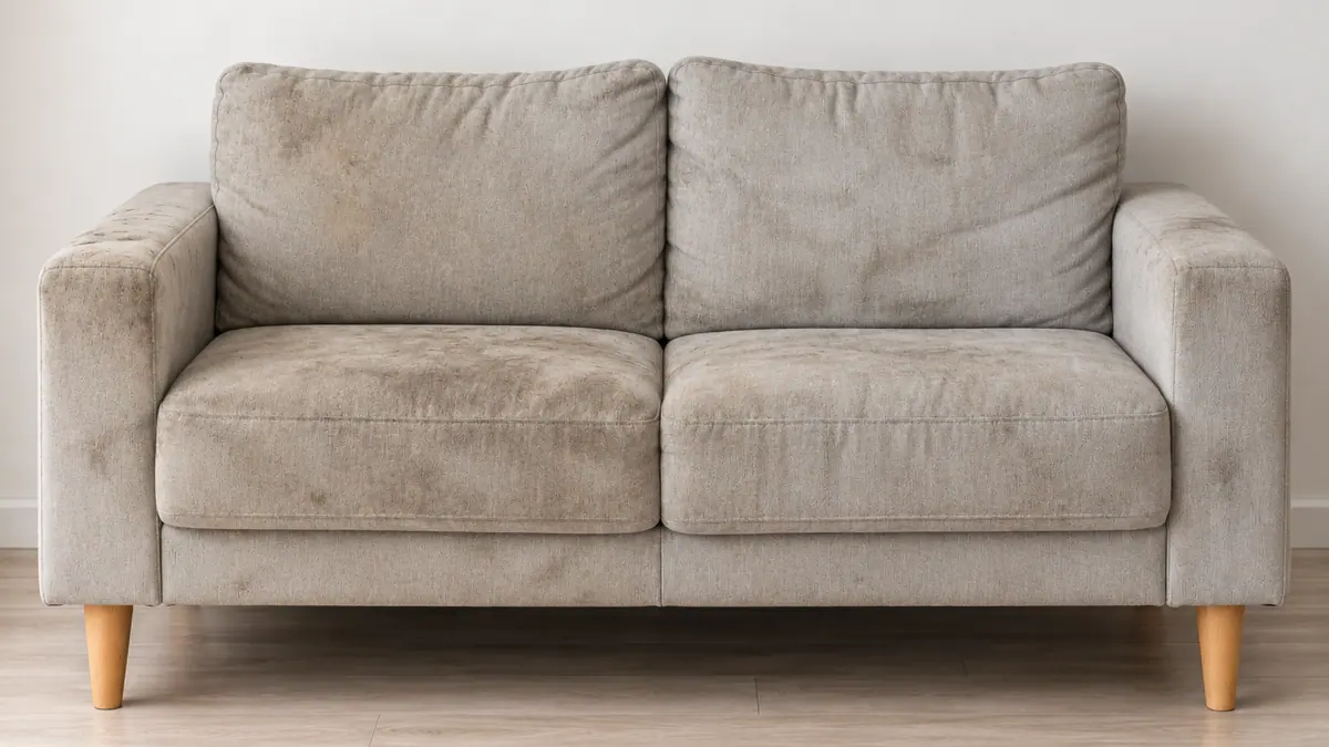 Stained upholstered couch before steam cleaning