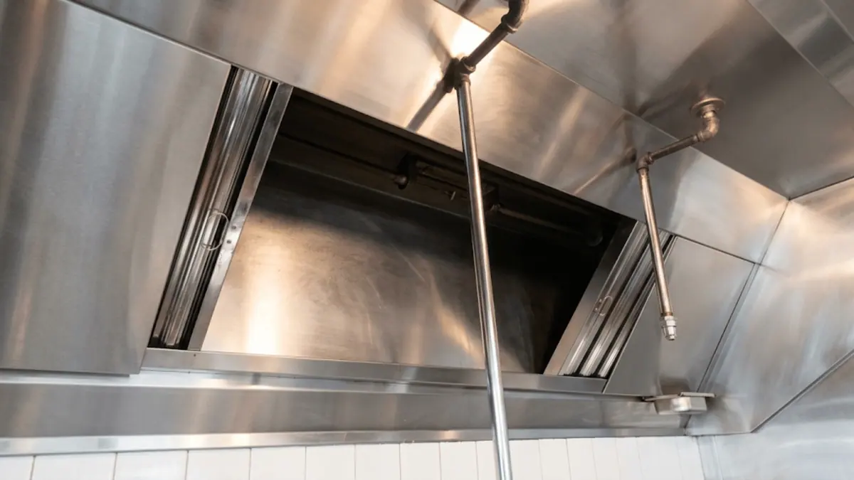 Commercial kitchen hood interior after steam cleaning, restored to clean stainless steel