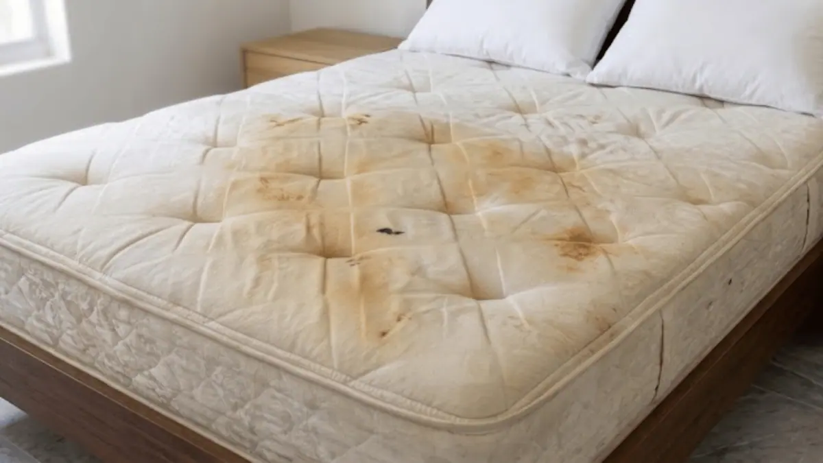 Mattress with visible stains before steam cleaning